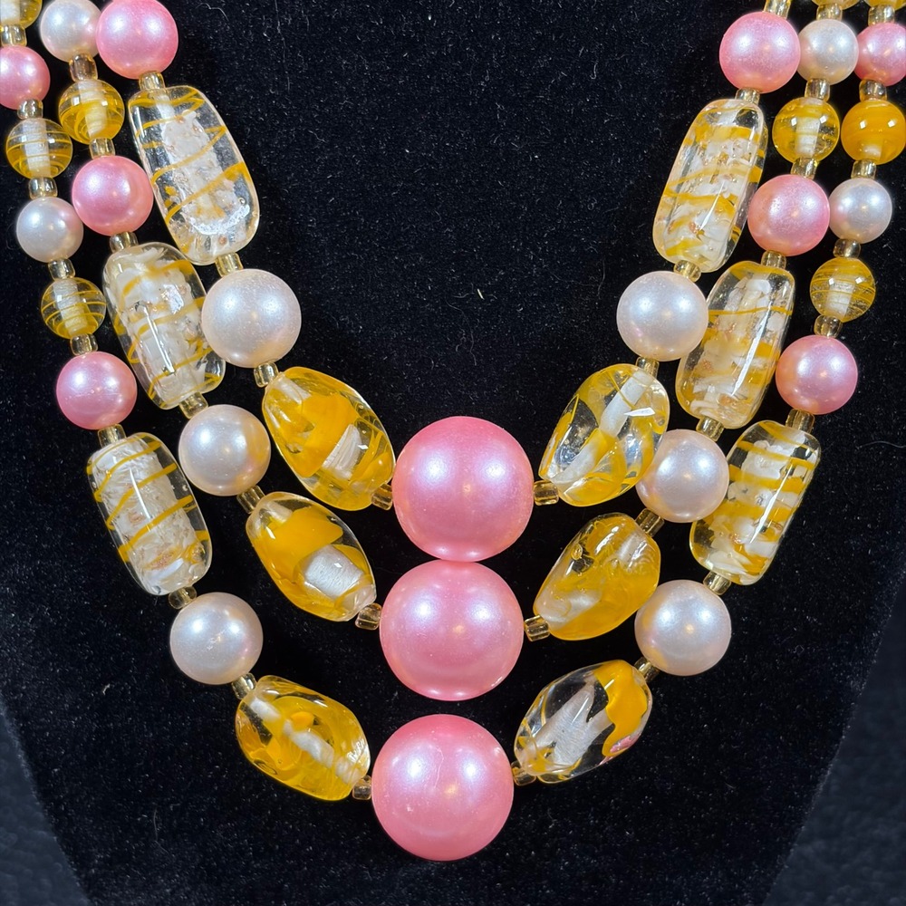 Vintage Triple Strand Necklace Pink Faux Pearl Yellow Art Glass Mid-Century Bib